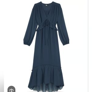 NWT THE KOOPLES Elegant Navy Blue Pure Silk High Low Lined Dress Sheer Sleeves